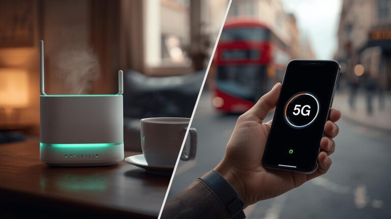 Домашен рутер за broadband и смартфон с 5G интернет свързаност в Англия.